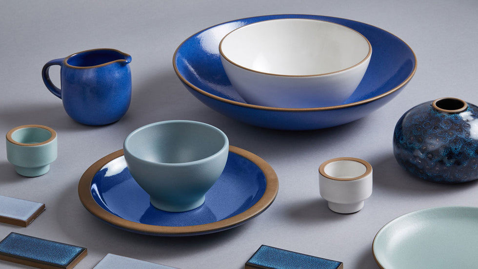 Heath Ceramics Bowls, Pitcher, Candleholders, Tiles, Vase in Blue Glazes