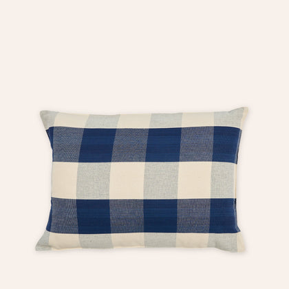 Cotton Check Pillow in Navy Blue and Off-White