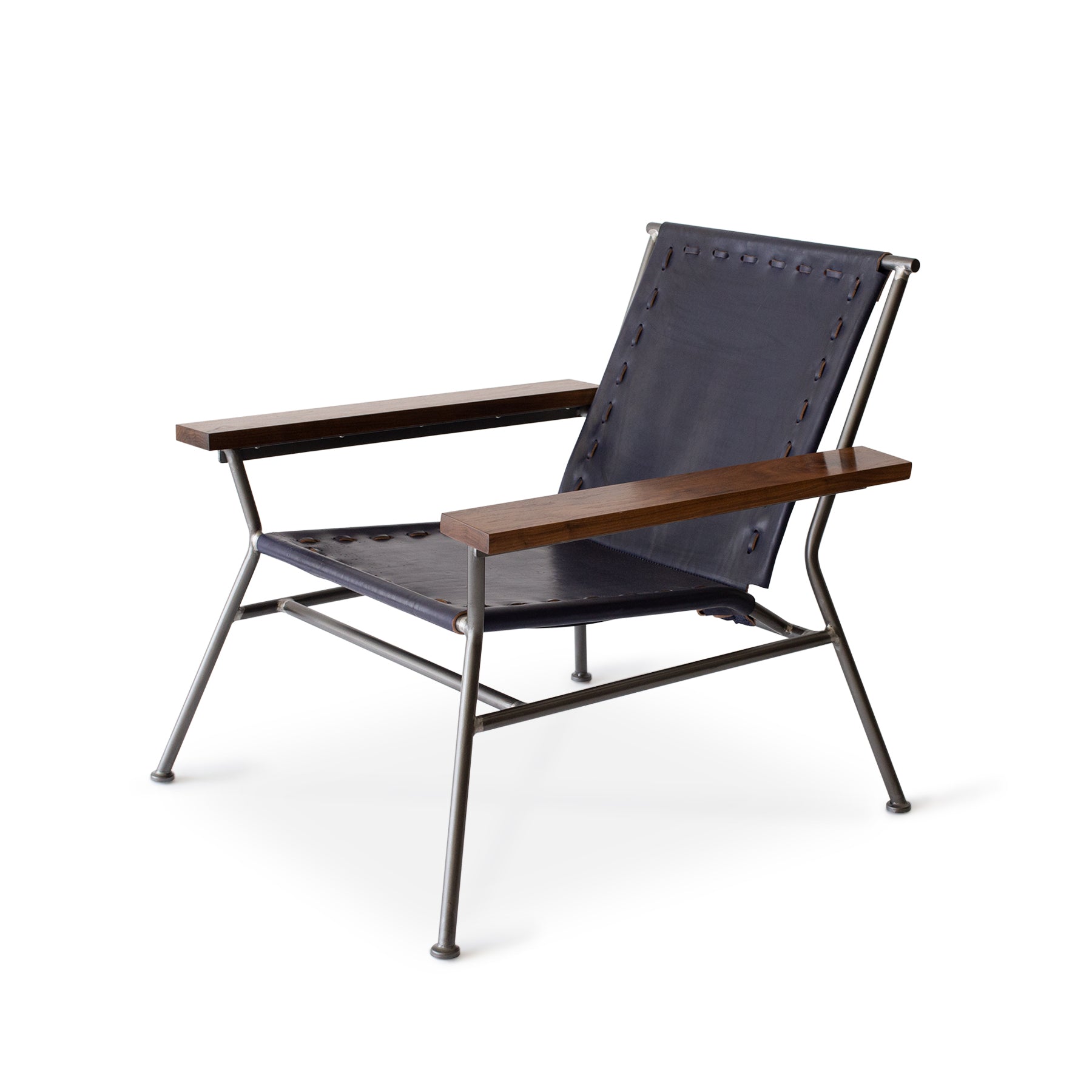 Saddle Leather Arm Chair in Blue with Natural Steel Base Zoom Image 1