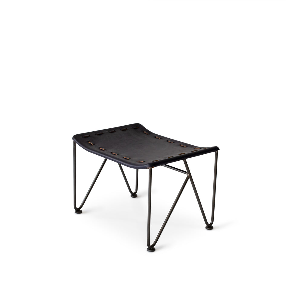 Saddle Leather Ottoman in Blue with Natural Steel Base Image 1