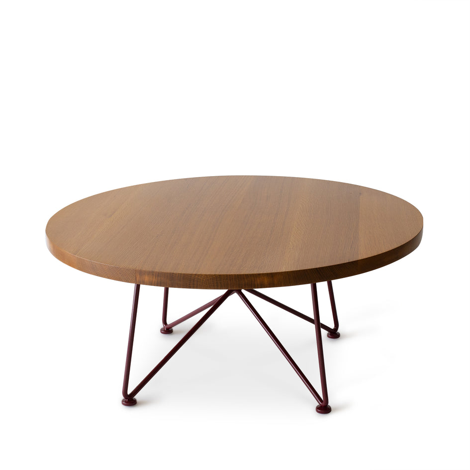 Quarter Sawn Oak Cocktail Table with Wine Red Base Image 1