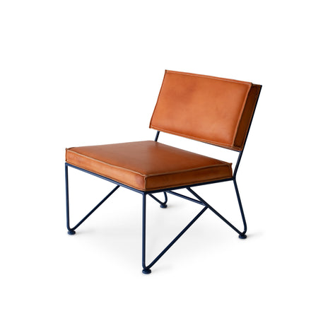 Upholstered Lounge Chair in Natural Leather with Sapphire Blue Base